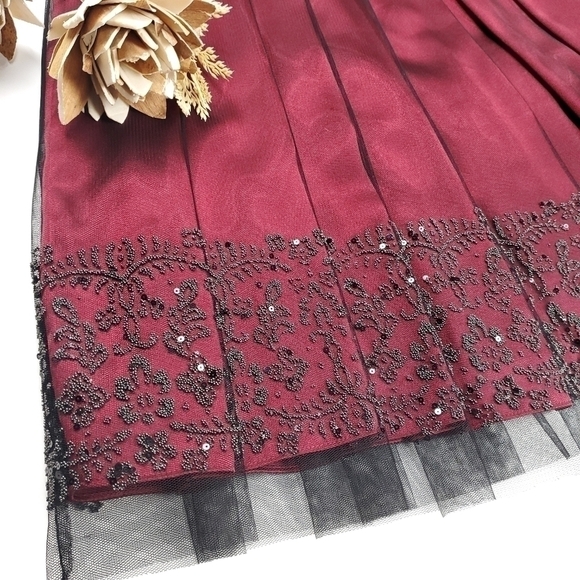 Adrianna Papell Red Wine Black Sheer Embroidered Full Pleated Skirt Sz 4 - Picture 3 of 10